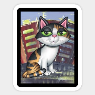 Beautiful Calico Kitty in front of buildings with colors Sticker